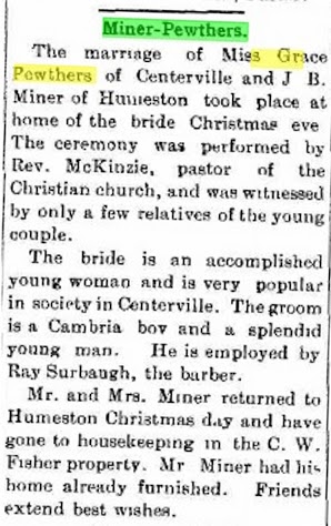 She was born in Centerville, Iowa, and passed away in Des Moines Iowa in 1972.  She was married on Christmas Eve in 1914.  (submitter:  Steve Larson)